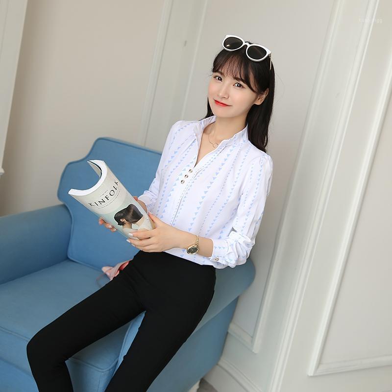 

My In 2022 Long Sleeves Shirt Blue White Stripe Blouse V Neck Collar Loose Shirts Women' Blouses, Camel