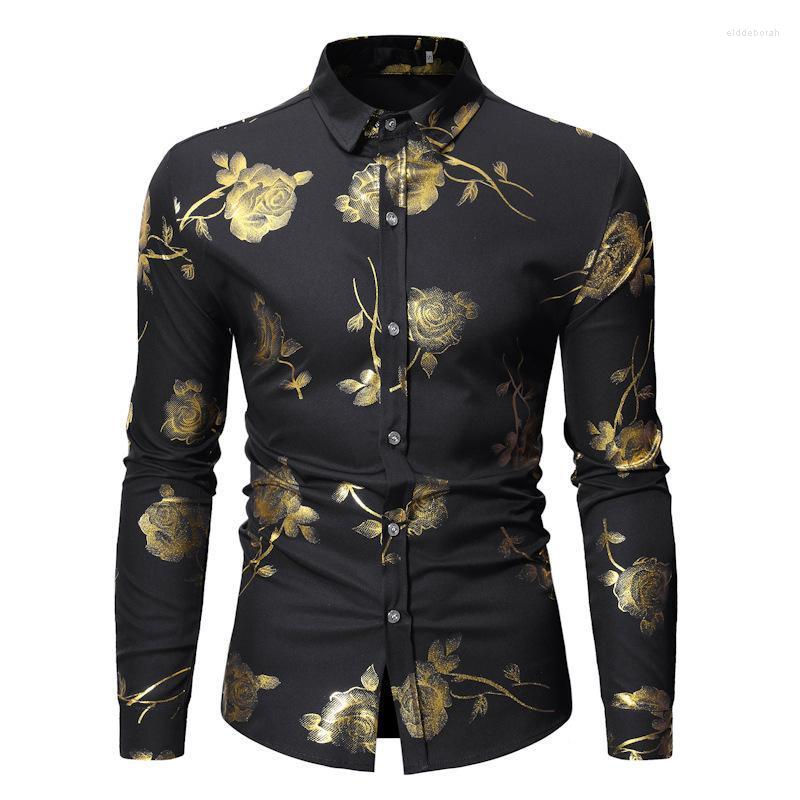 

Men' Casual Shirts Arrivals Printed Wedding Groom Men Slim Fit Gold Floral Male Jacket Long Sleeve Informal Man Clothing Eldd22, Black