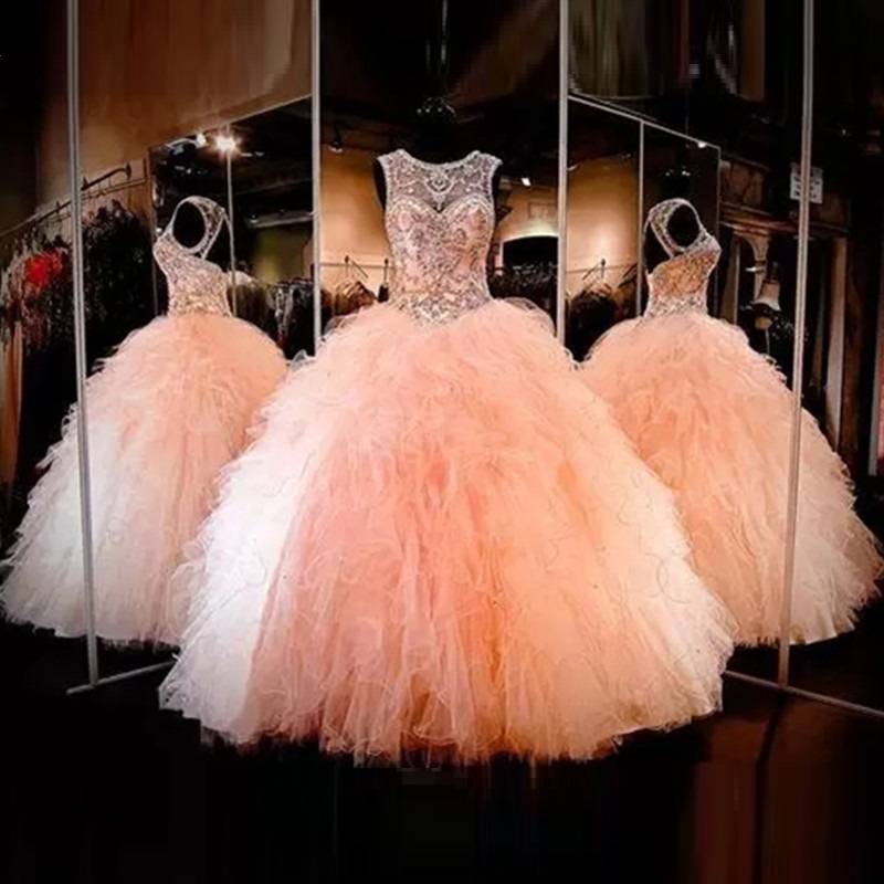 

2022 Sparkly Ball Gown Beaded Crystal Quinceanera Dresses Sweetheart Keyhole Lace-up Back Ruched Tulle Long Prom Pageant Dresses Sweet 16, Red
