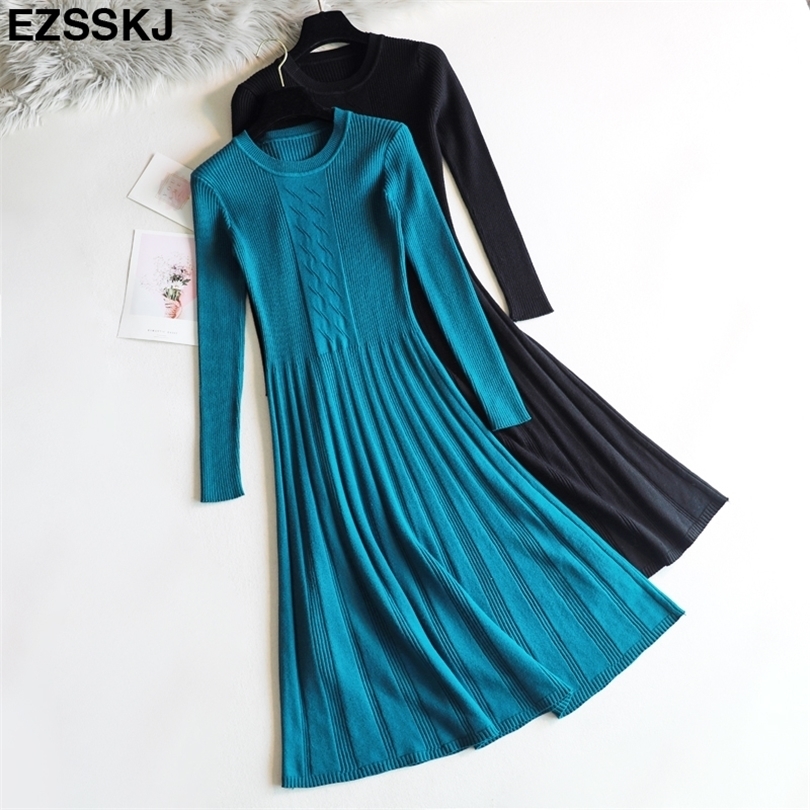2018 elegant Autumn Winter long Sweater dress women Long sleeve OL lady Thick A-Line dress Female Jumper O-neck slim knit dress D18110606
