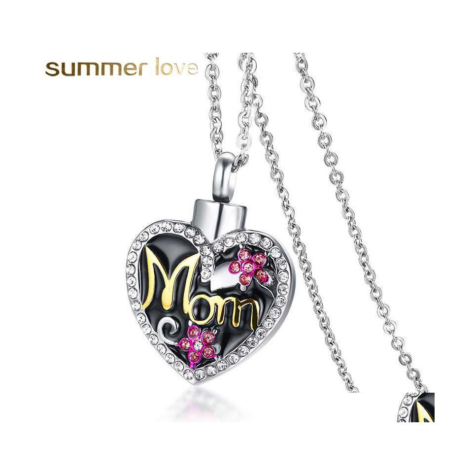 

Pendant Necklaces Retro Cute Crystal Flower Mom Heart Necklace Stainless Steel Memorial Cremation Urn Bone Ash Jewelry For Women Dro Dhsla