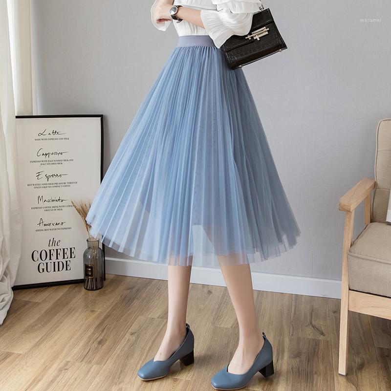 

Skirts Korean Womens Elegant Women Pleated Skirt Woman High-waist Lace Mesh Midi Tulle Faldas Mujer Moda, Black