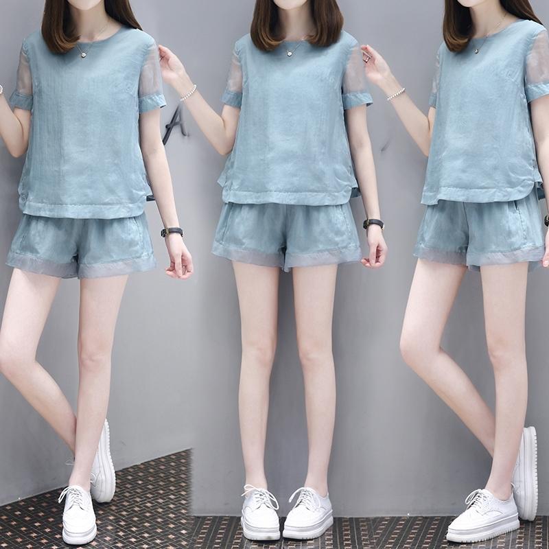 

Women' Tracksuits Women' Fashion 2022 Summer Sets 2 Pieces Solid Color Stitching Short Sleeve Organza Blouse Baggy Shorts TracksuitsWo, Black