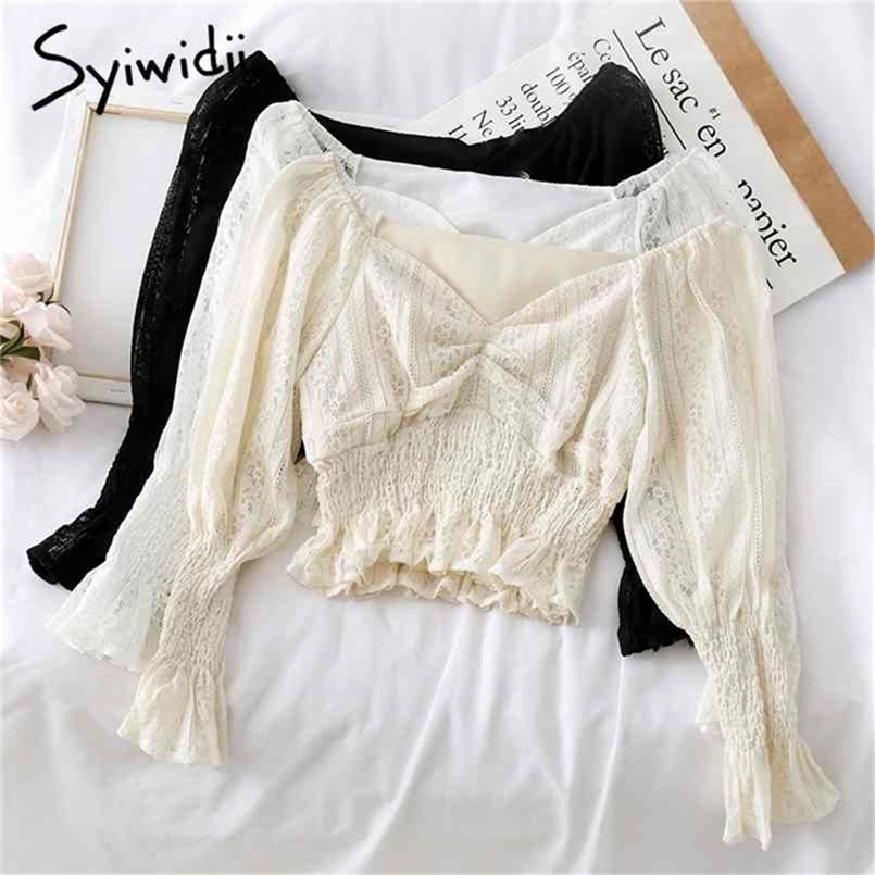 

Blouse Women Tops Long Sleeve Shirt Spring V-Neck Flare Hollow Out Solid Casual Short Beige Black Fashion 210607