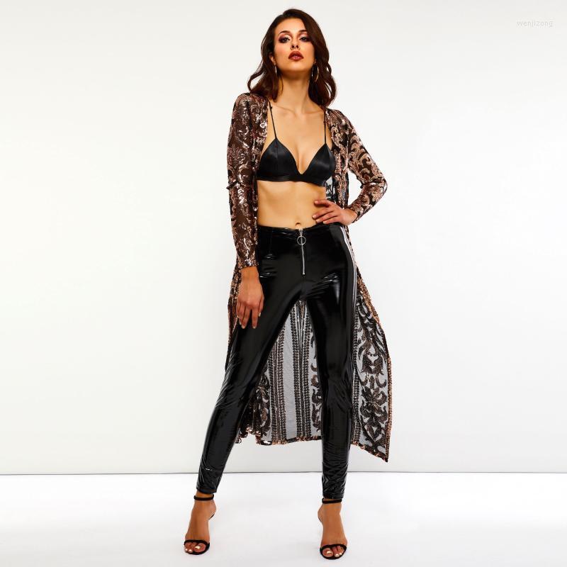 

Women's Trench Coats Long Coat Women Sequins Print Mesh Sexy See Through Slim Spring Autumn Street Hipster Ladies Travel Sunscreen Casual Ov, Black