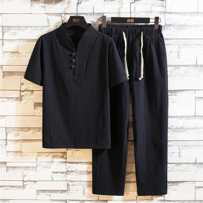 

Short Sleeve T Shirt Men Sets V Neck Drawstring Casual Trousers Formal Summer Wear Clothes Set Chinese Style Cotton Linen Suit1, Black