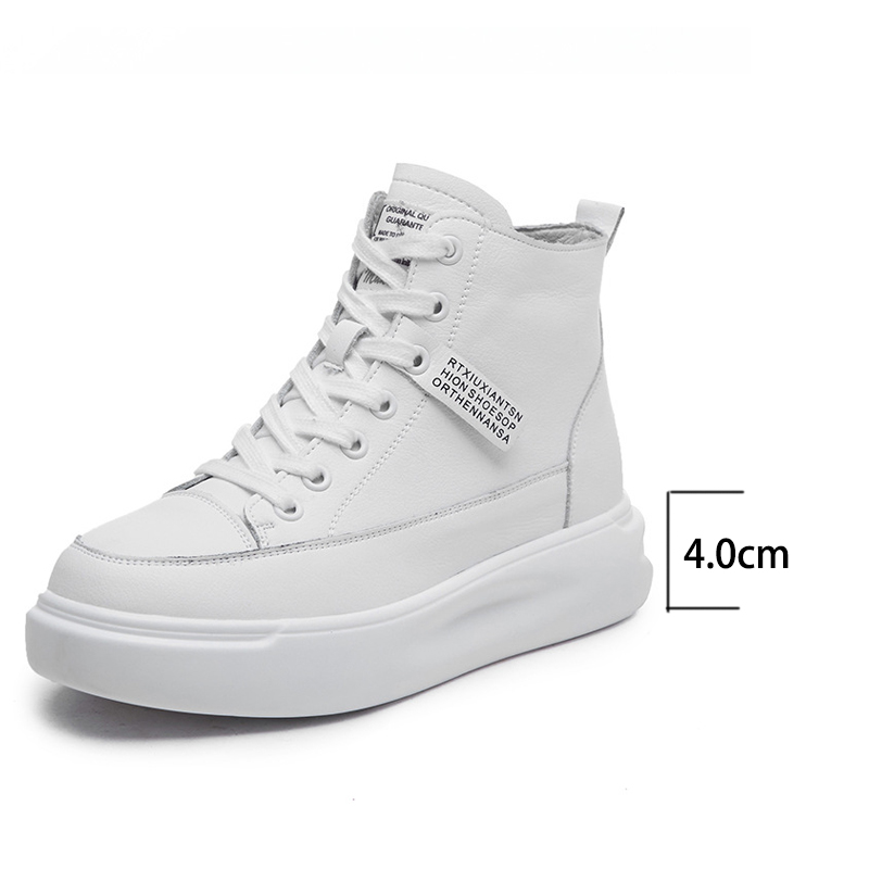 

4cm platform wedge Women Shoes High Top Platform Leather White Shoes Female 2022 Spring Leather Student Fashion Sneakers, Black