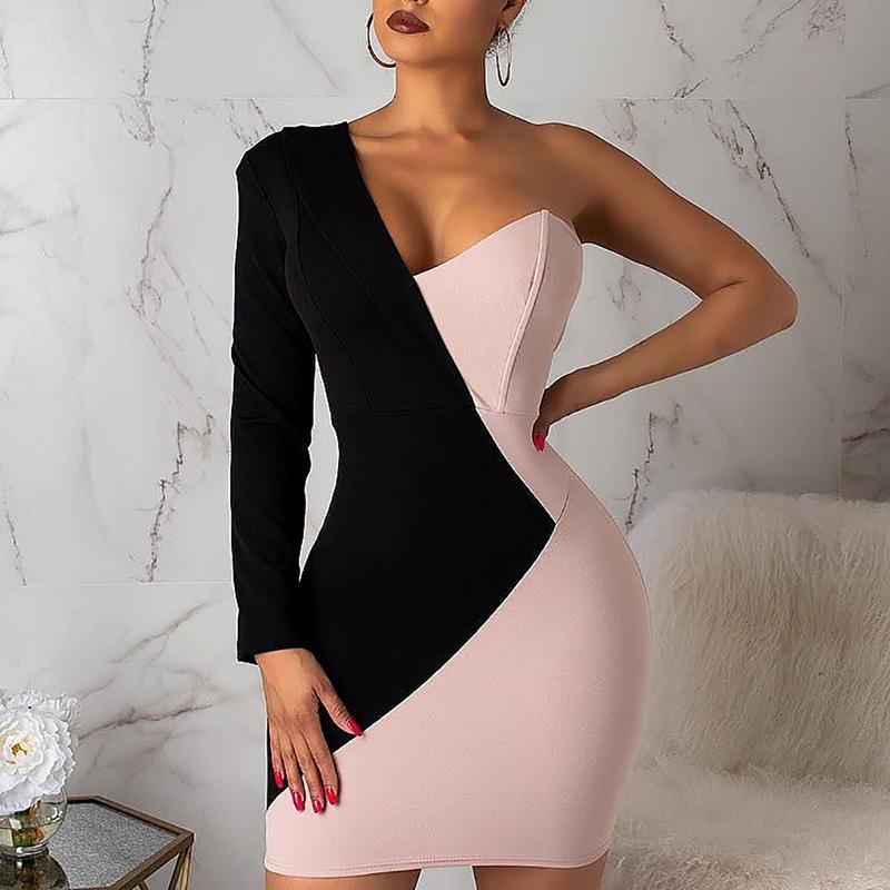 

Casual Dresses One Shoulder Two Tone Insert Bodycon Dress Sexy Office Look Women Vestidos Verano 2022Casual, Multi