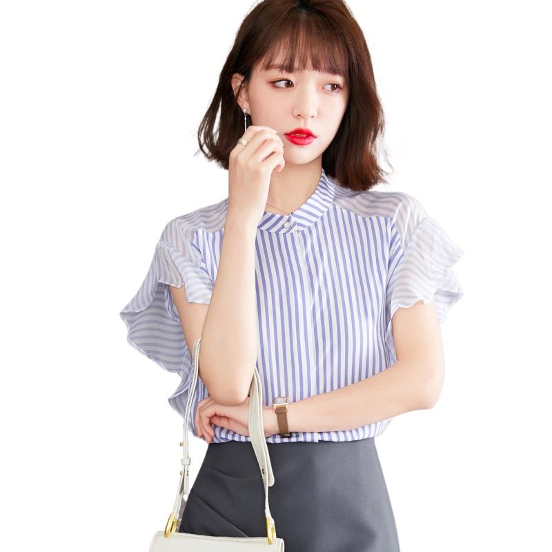 

Women' Blouses & Shirts Simgent Blue Striped Blouse Women Summer Fashion 2022 Ruffles Chiffon Woman Tops Blusas Female Clothing SG2695Women