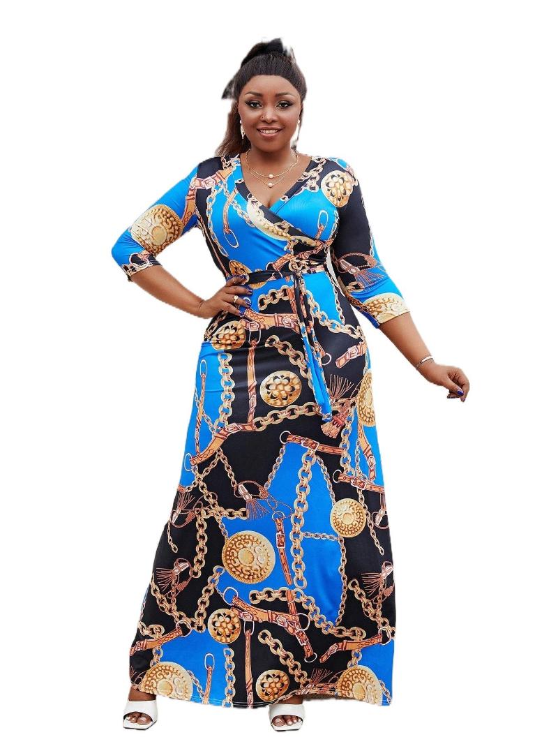 

Plus Size Dresses Chain Print Surplice Neck Belted Dress H7jW#Plus, Multicolor