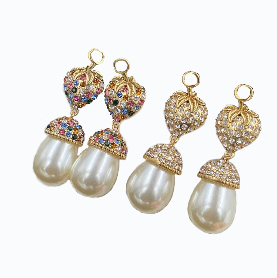

Fashion designer strawberry charm dangle drop earring stud retro pearl earrings bijoux for women lady Party wedding lovers engagement jewelry gift With Box