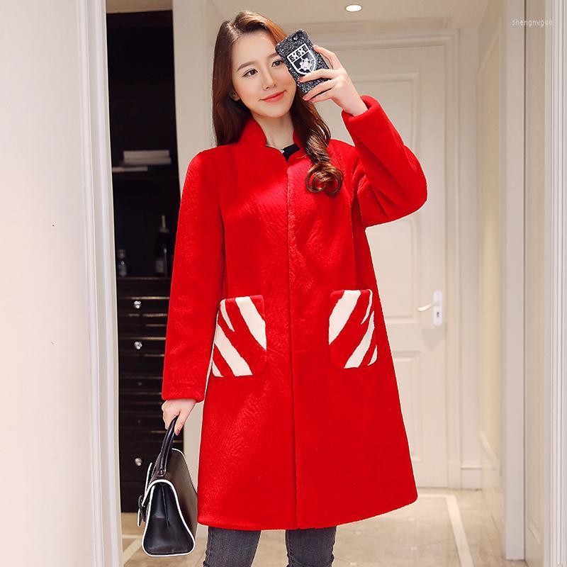 

Women's Fur & Faux Fall 2022 Real Women Winter Jacket Sheep Shearing Wool Coat Female Long Pink Jackets Manteau Femme Hiver KJ892, Red