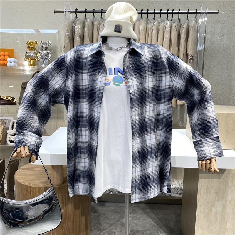 

Retro Contrasting Color Plaid Long Sleeve Loose Shirt + Print Round Neck Turtleneck Short T-shirt 2 Suit Women's Blouses & Shirts, Green