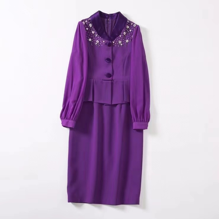 

European and American women' wear spring 2022 new Long sleeve lapel heavy bead fashion Patchwork purple dress, Black