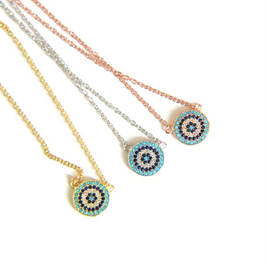 

925 100% sterling silver classic necklace round disk micro pave colorful cz turquoise evil eye charm lucky girl gift chain280v