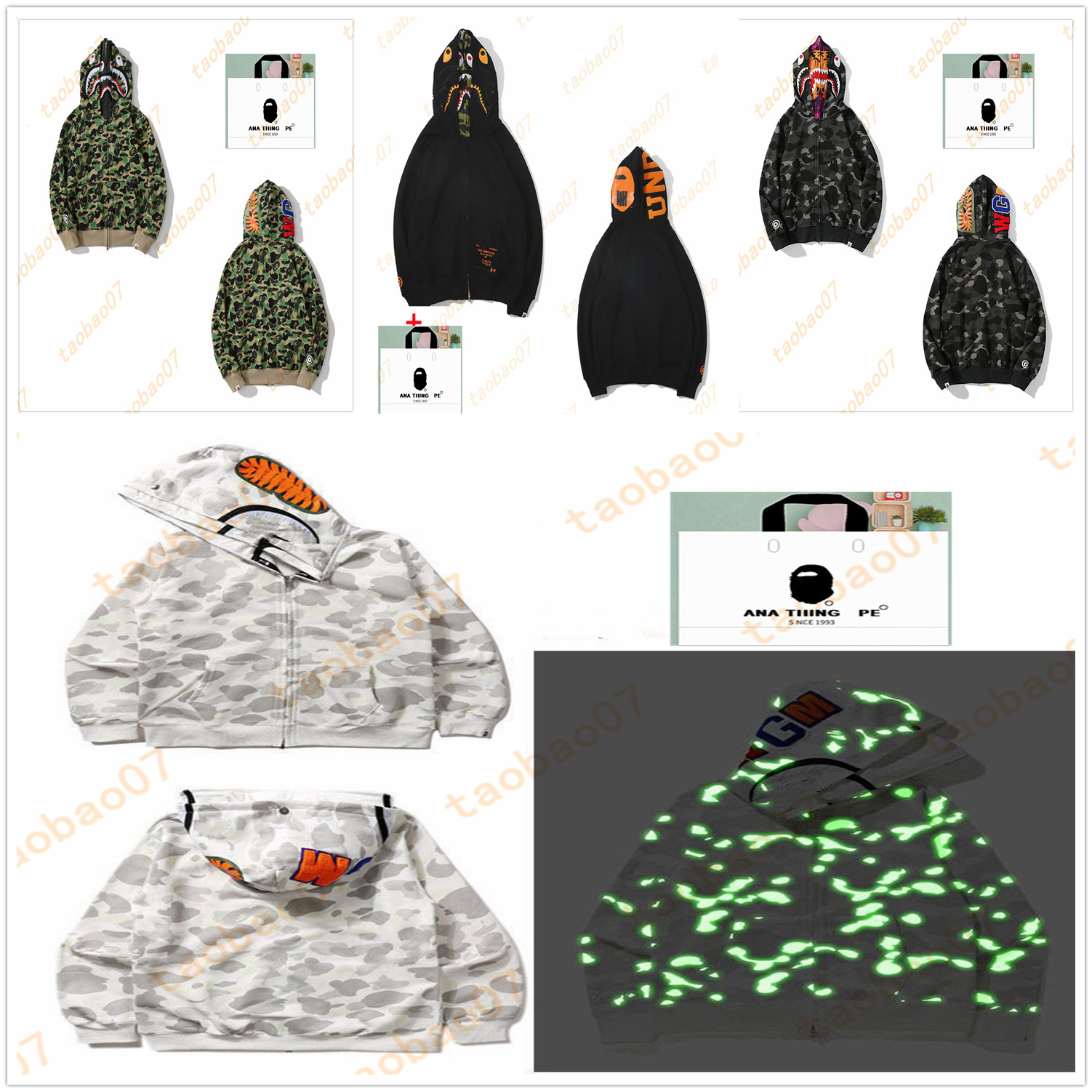 

ape hoodie mens designer hoodie men hoodies clothes shark hoodys luminous sweaters Reflective oversize Fleeces camouflage sweatshirts cardigan C1, 1pcs buttons