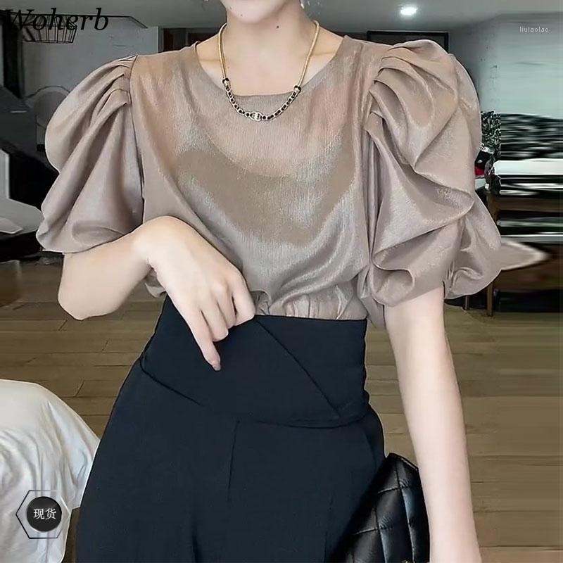 

Women' Blouses & Shirts Woherb Chic Elegant Short Sleeve Female Translucent 2022 Summer Women Korean All Match Casual Ladies Tops Blusas, Khaki