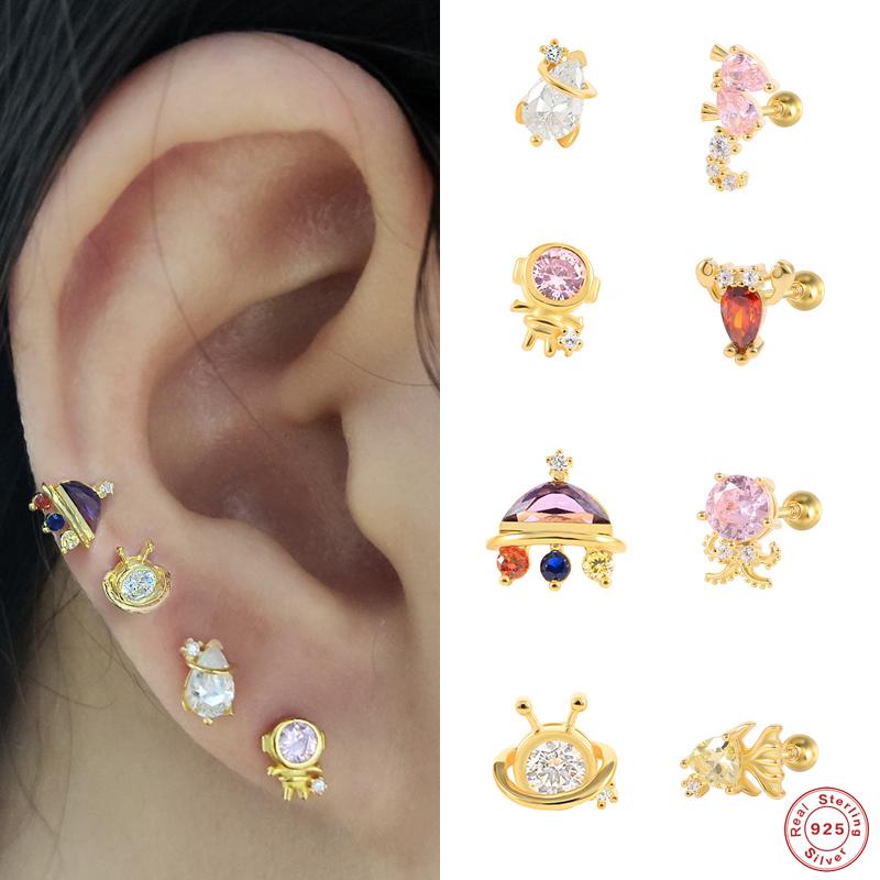 

Stud Aide 925 Sterling Silver Cute Marine Life Earrings For Women Colored Zircon Shrimp Seahorse Octopus Fish Ear Studs JewelryStud
