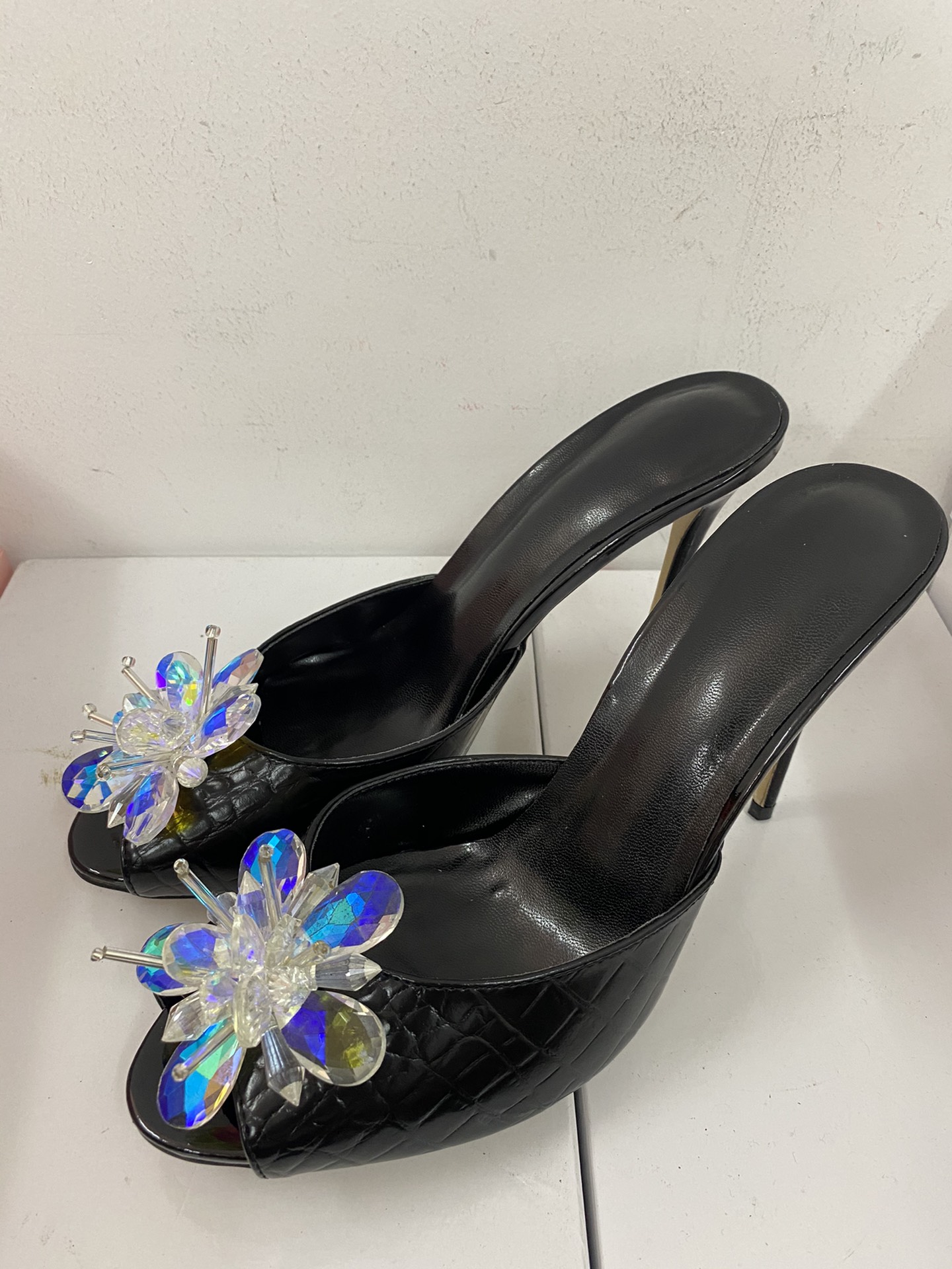 

2022 new leather sheepskin sandals stiletto high heels Pumps Women slipper Summer open toe peep-toes diamond size 34-43 slip-on Rhinestone party wedding 3D Flower, Black