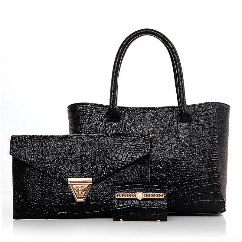 

Evening Bags Luxury Patent Leather Alligator Handbags 3PCS Shoulder Crossbody Bag For Women Casual Tote Messenger Set Clutch Feminina, Black