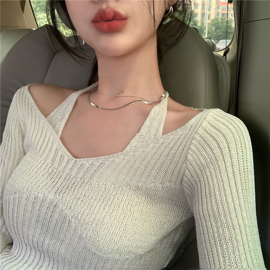 

Women's Sweaters Fake Two-Piece Halter White Sweater T-Shirt Women Autumn Long Sleeve Slim Tight Bottoming Tops, Khaki-49cm