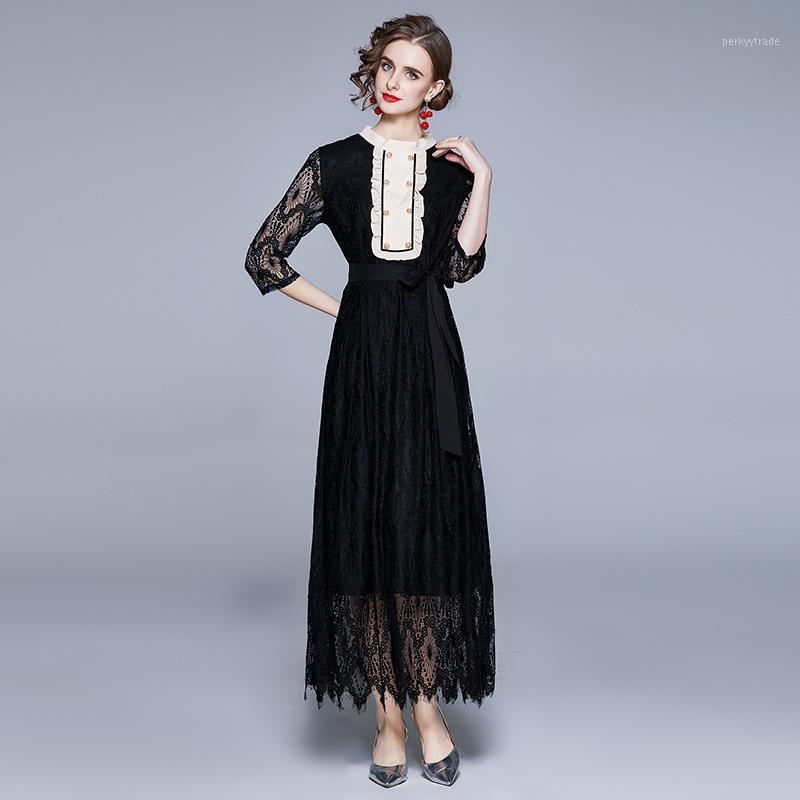

Casual Dresses Women Spring Autumn Elegant Lace Dress Festa High Quality Long Maxi Black Party Robe Femme Vintage Designer VestidosCasual