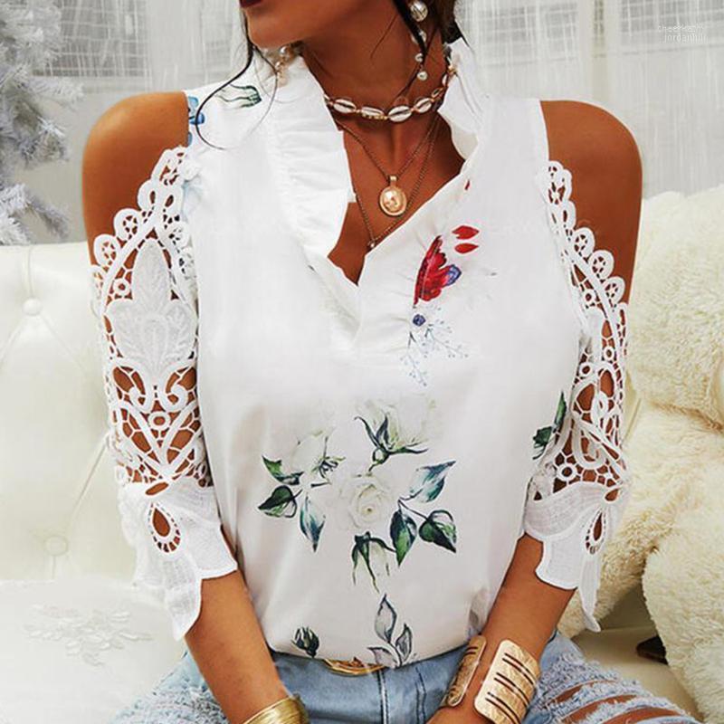 

Women' Blouses & Shirts Womens Summer Floral Cold Shoulder Ruffles Neck Short Sleeve Tops Flowers Print Elegant Office Ladies Pullovers Blu, Blue