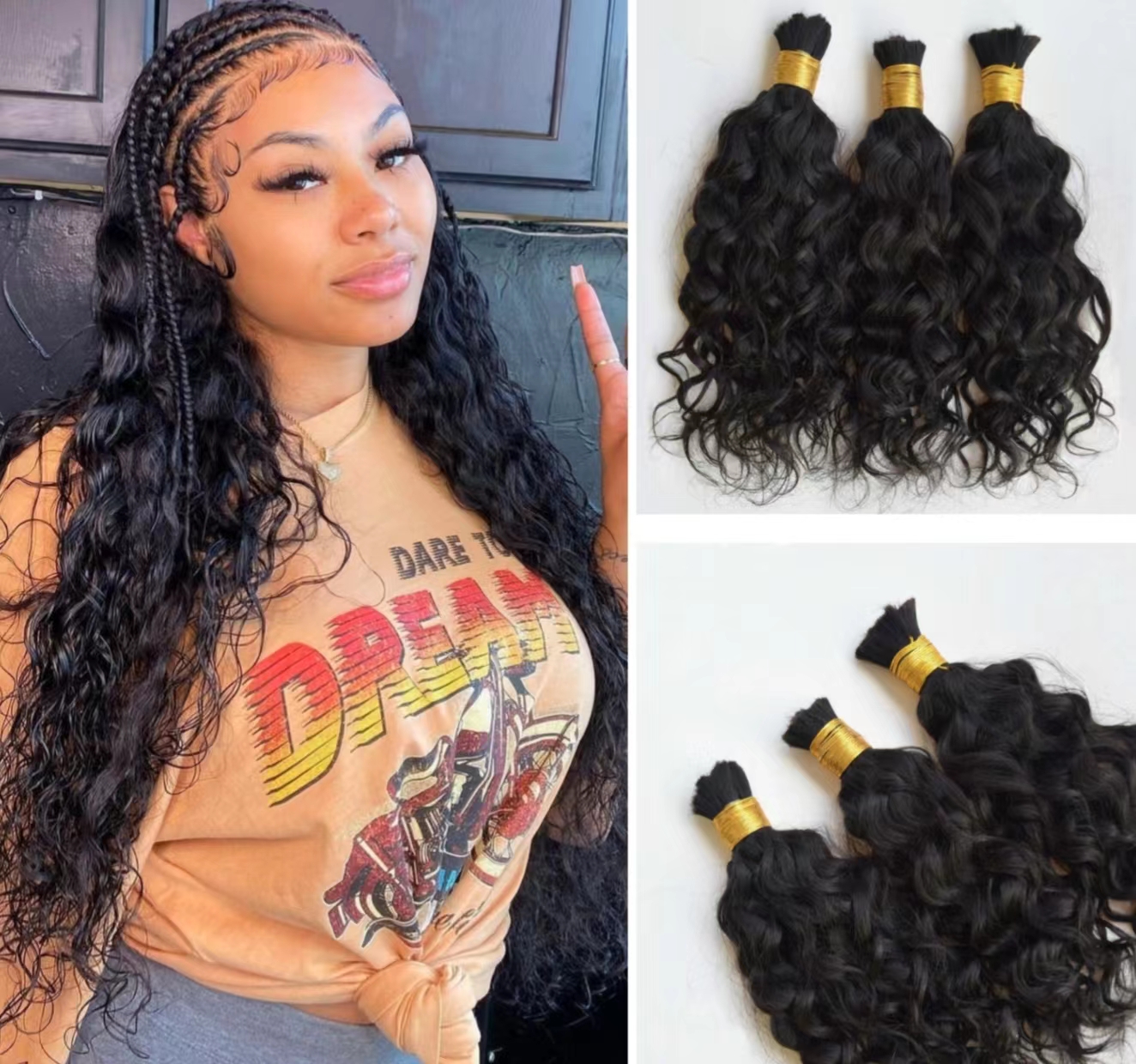 

100% Brazilian Water Wave Human Hair Bulk For Braiding No Weft 3 Bundles Braiding