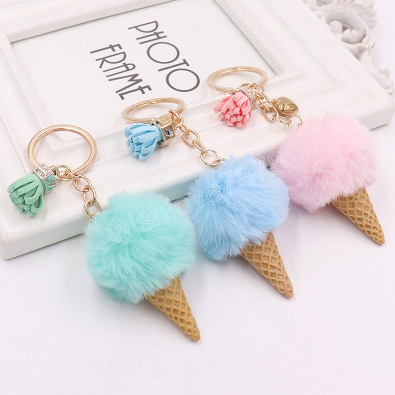 

Faux Fur Ice Cream Pendant Keychain Cute Cartoon Keychain Plush Furry Bags Hang Cone Car Key Chain Tassel Keyring Creative Gift