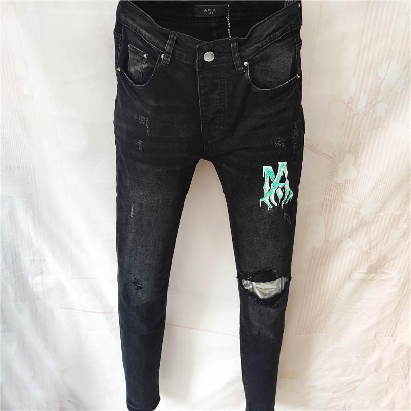 

Men's Jeans Button Hip Hop Men Retro Blue High Street Heavy-Duty Wrecking Rips Erosive Cashew Letter Graphic Pants Beggar JeansMen's, Black