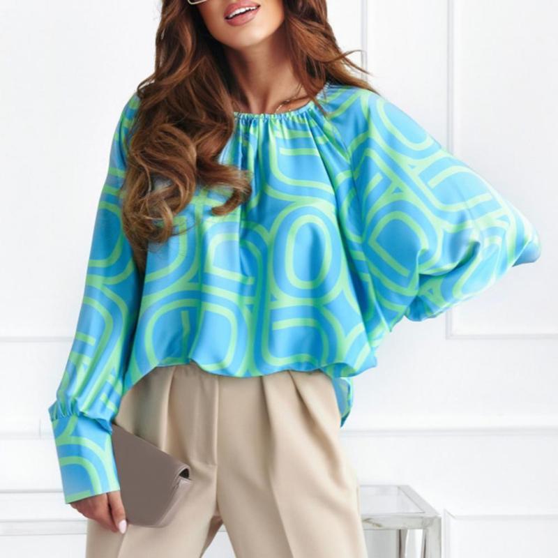 

Women' Blouses & Shirts Oversized Women Tops Contrast Color O Neck Loose Type Full Sleeves Batwing Summer Casual Blouse Commute Female Clot, Blue