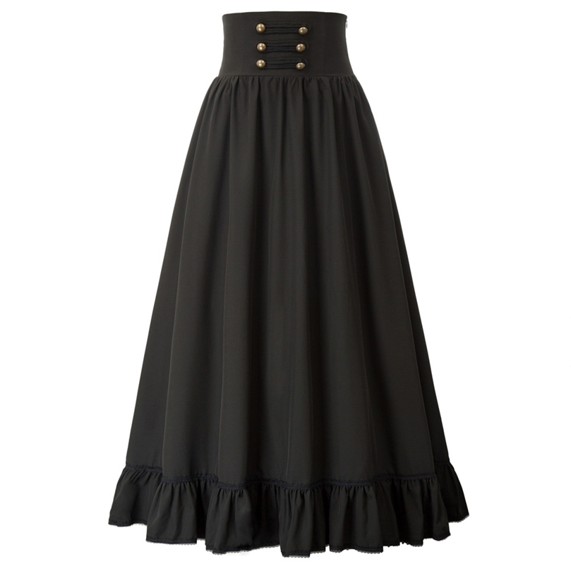 

Women Skirt Summer Clothes Gothic Maxi High Waist Ruffled Hem A-Line Elastic Vintage Pleated Casual Party Lady 220401, Solid black