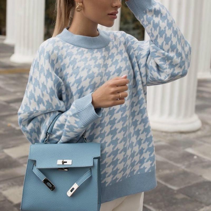 

Women' Sweaters Women Fashion Oversized Jumper Houndstooth Knitted Sweater Vintage Long Sleeve Loose Female Pullovers Chic Tops Khaki G2114, G2114 black