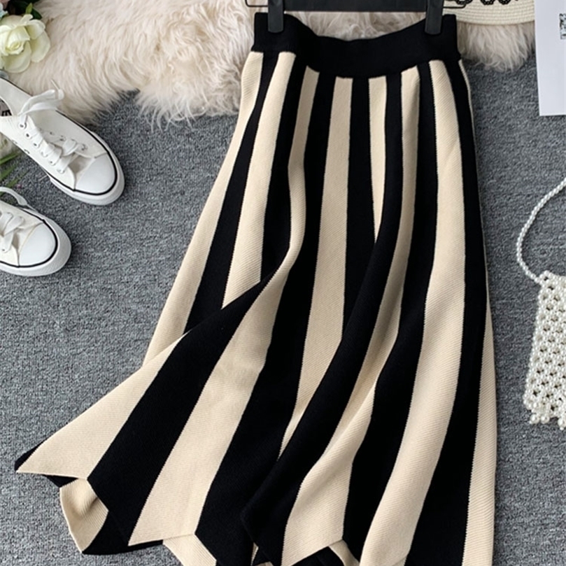 

Women's Knit Skirt Striped Color Blocked Autumn High Waist elastic A-line Big Swing Skirts Japan Harajuku Female Falda LS147 220401, Beige