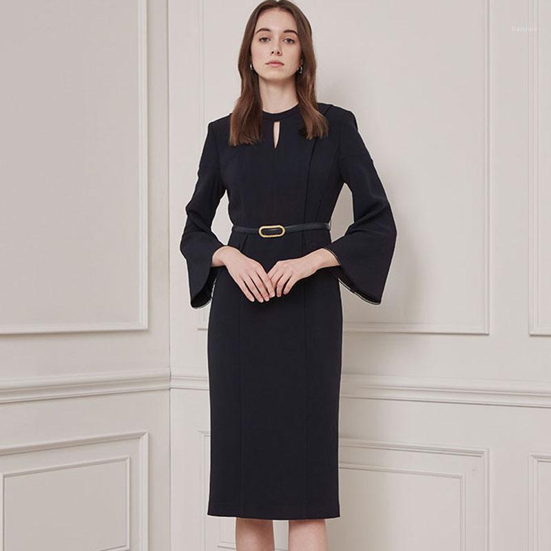 

Casual Dresses 2022 Spring Style Flared Sleeve Belts Party Slim Temperament High Quality Black Dress Women' Clothing