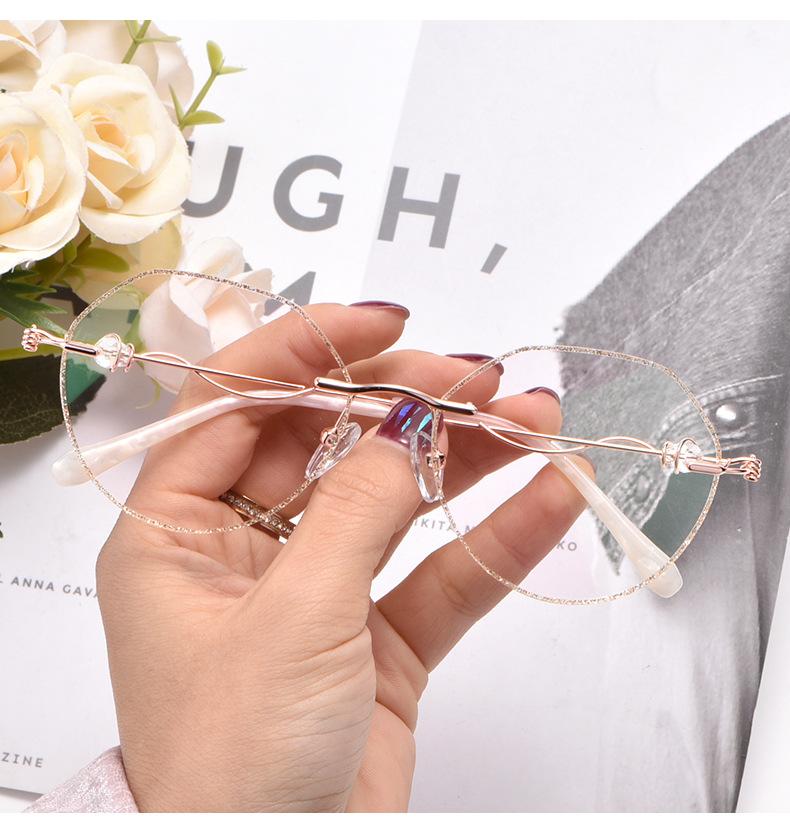 

Fashion Sunglasses Frames Rimless Glasses Anti-blue Ray Trimming Women Diamond Glow Optician Metal Polygon Optical