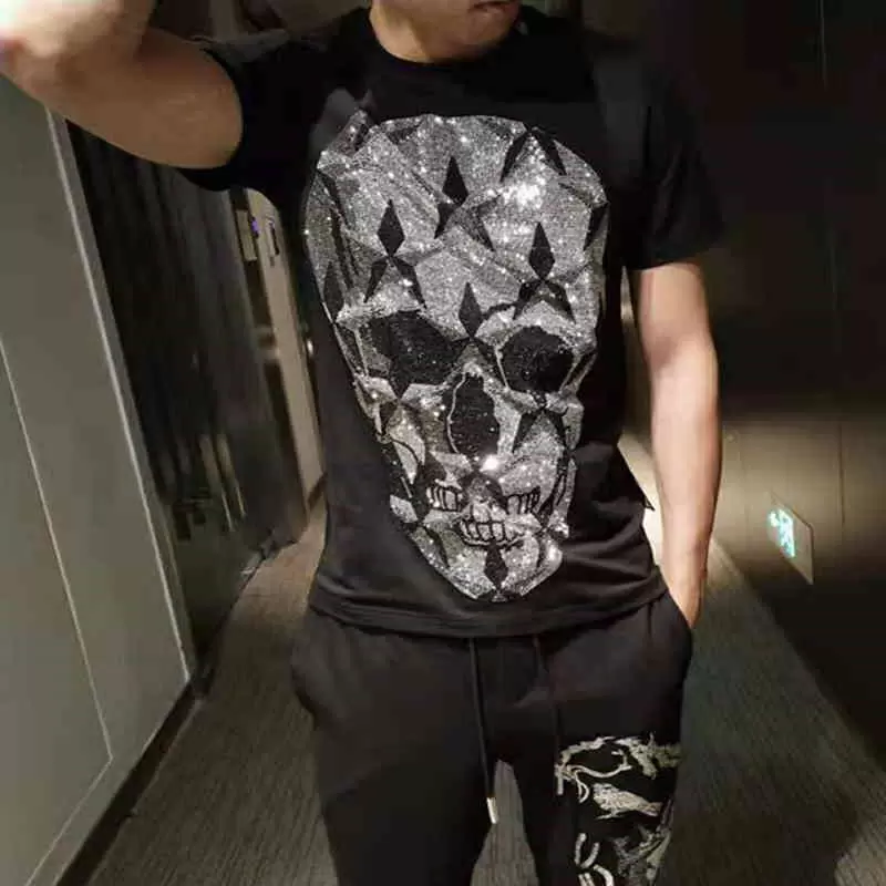 

Designer New German fashion brand PP short round neck hot drill skull half sleeved t-shirt men's slim fitting European qsp Philipps Pleins, Black