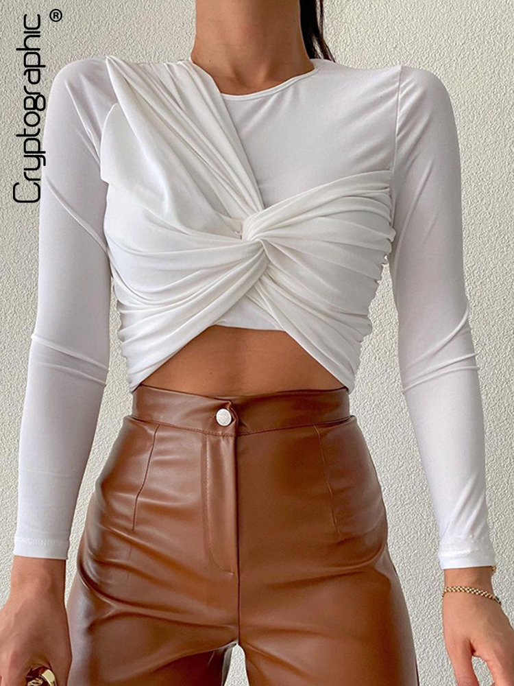 

2022 Spring Long Sleeve Elegant Twist Cropped Women Top Tee Slim Sexy Club Party T-Shirts Basic Clothes Streetwear, Blue