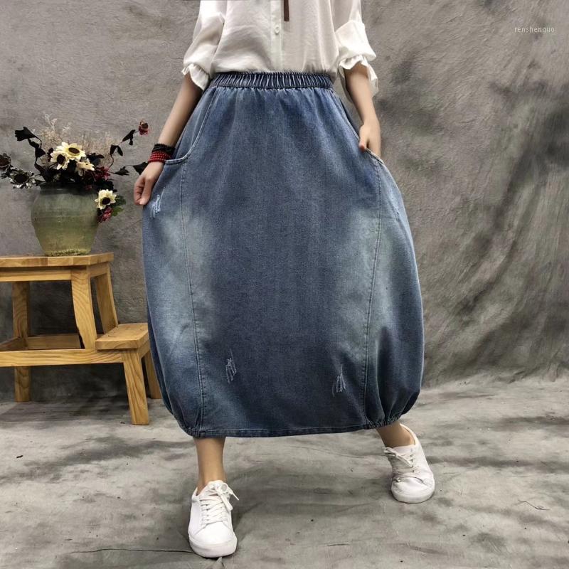 

Girl Long Skirt Pure Color Elastic Waist Washed Women Denim Skirts Local Tightening Female Hem Grinding White Big Yards, Blue