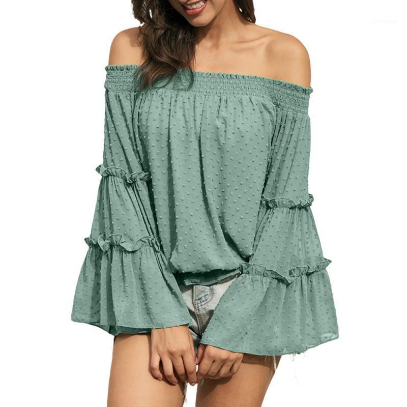 

Women' Blouses & Shirts Slash Neck Horn Long-sleeved Chiffon Slim Pullover Comfortable Casual Style, Green