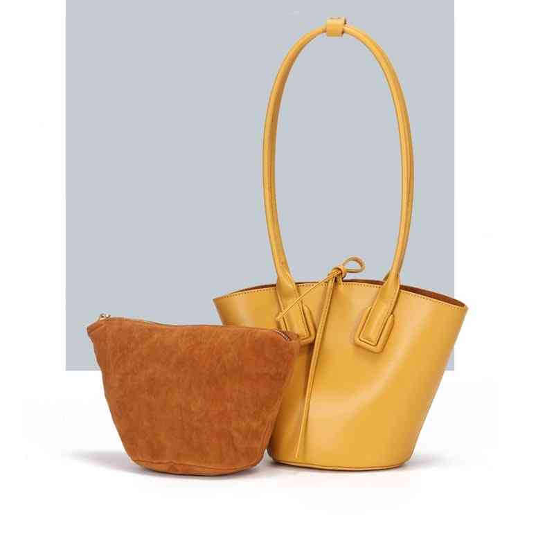 

Fashion Simple Portable Women's handBag Cow Leather Wrinkled Handle Bucket Bag Large Capacity Diagonal Bag 220615, Brown