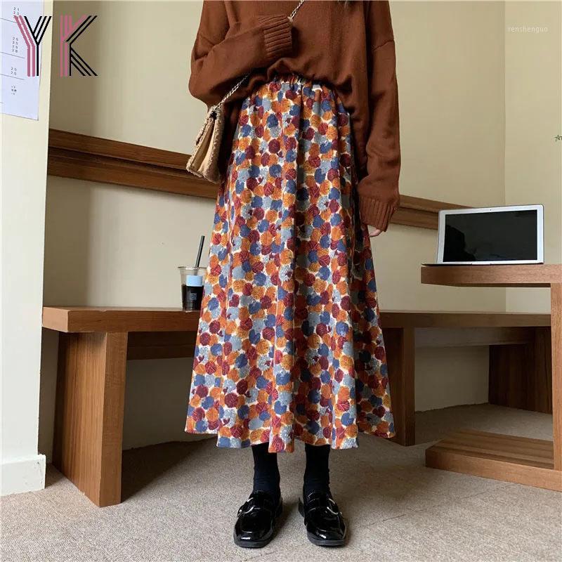 

Skirts Women Floral Corduroy Midi Casual High Waist Long For Autumn Winter Clothes Female Elegant Streetwear, Pink