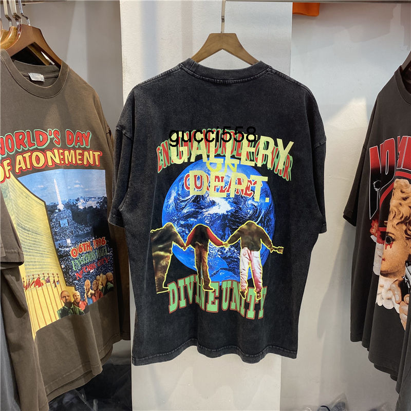 

gary dept world day love earth print Vintage loose casual retro short sleeve couple T-shirt fashion, Tan
