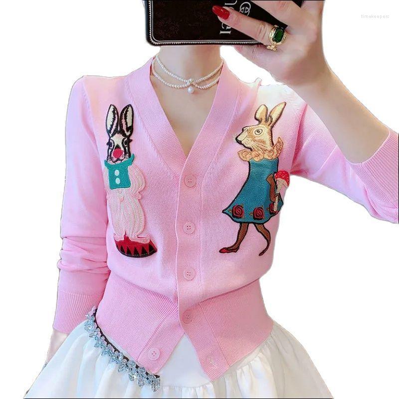 

Women' Knits & Tees Spring/summer 2022 Long Sleeve V-neck High Quality Cartoon Embroidery Applique Thin Loose Sweater Cardigan For WomenWom, Apricot