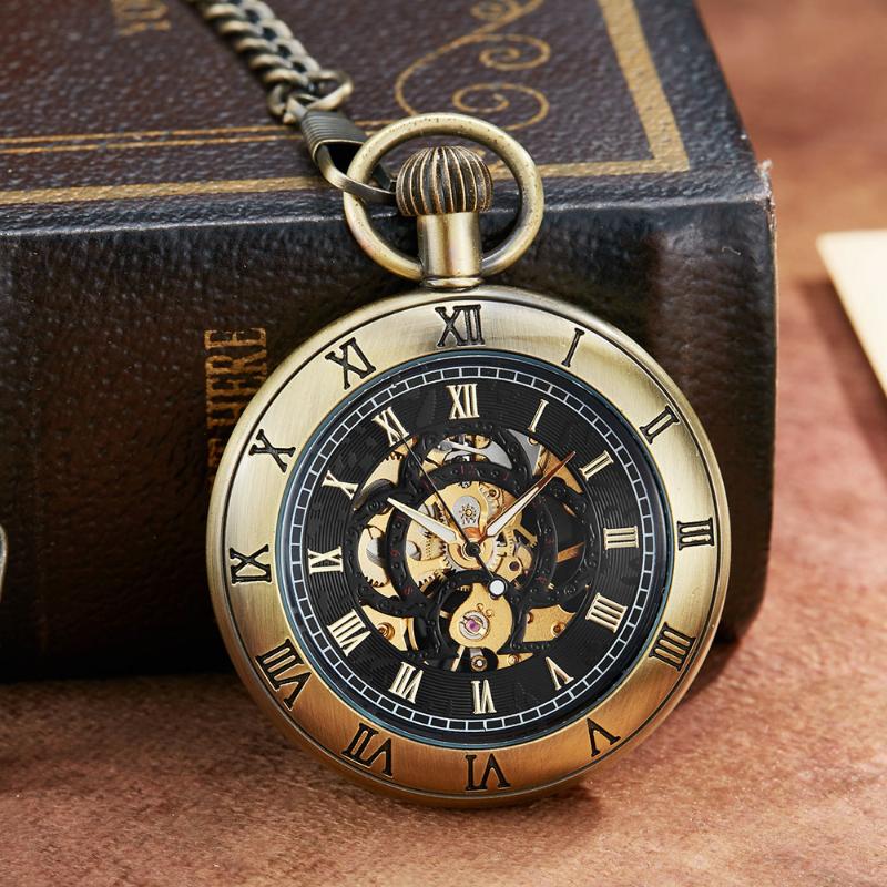 

Pocket Watches Retro Bronze Mechanical Watch Roman Numerals Dial Skeleton Unique Design Luxury Mens With Chain, Color 1