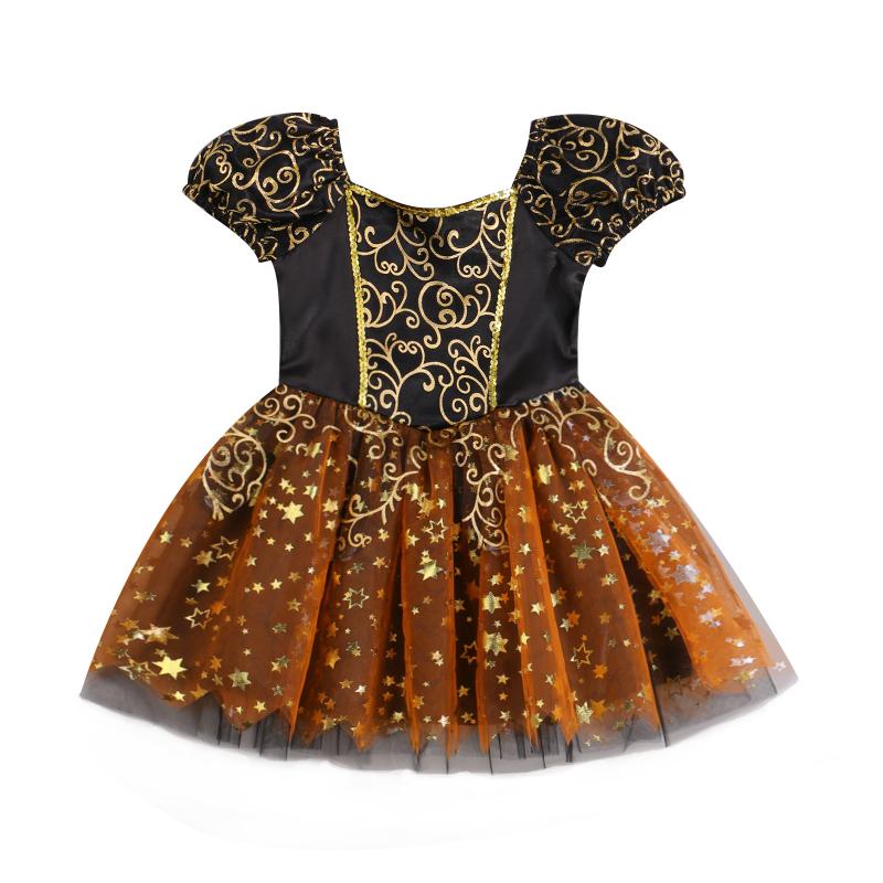 

Girl's Dresses 2022 0-6Y Halloween Kids Baby Girls Dress Gold Floral Stars Print Short Sleeve Tulle Princess Witch Costume Party Clothes, As pic