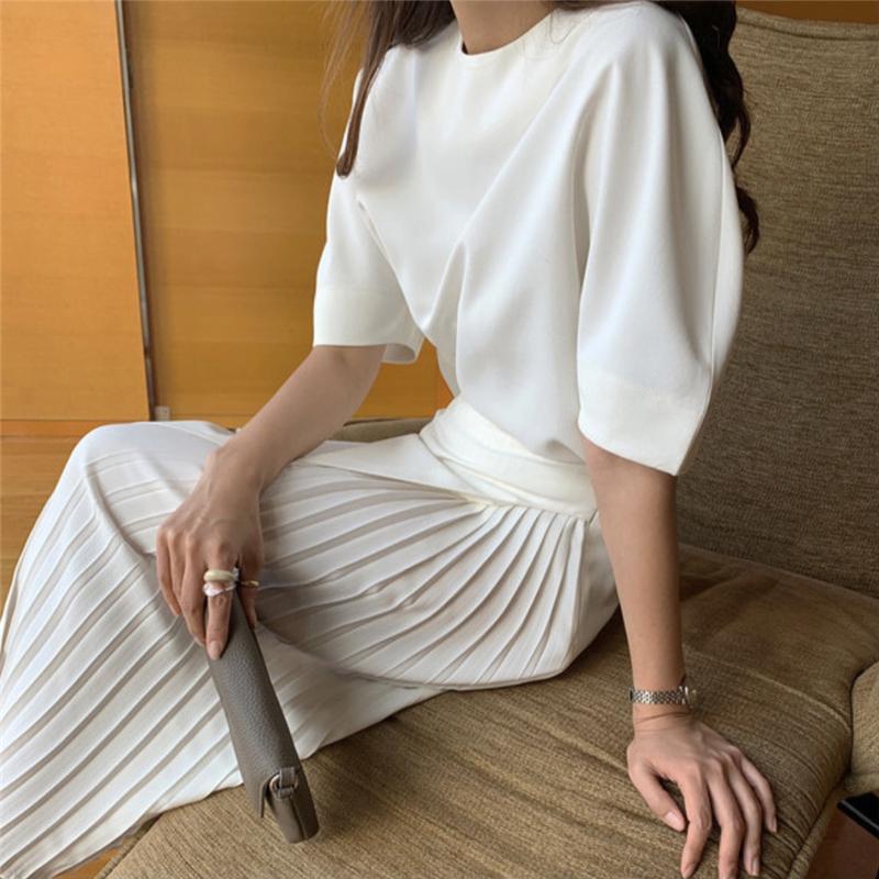 

Work Dresses Summer Korean Skirt Suits Women Two Piece Set Short Sleeve O-neck Top + High Waist Long Pleated 2 Outfits Elegant
