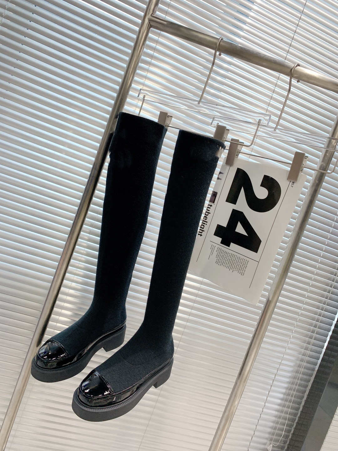 

Autumn winter matching Stretch wool patent leather Thigh-High Boots women's metal hollow high-heeled tube rear slip-on fashion boots, As pic 2