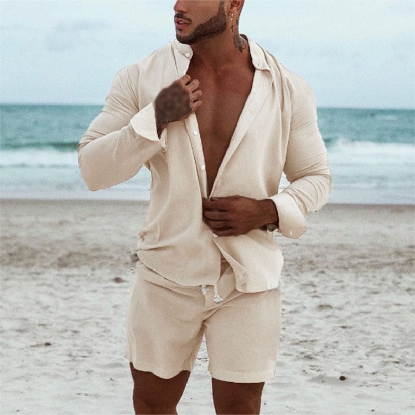 Men Hawaiian Sets Beach Summer Long Sleeve Stand Collar Shirt Board Shorts 2 Pieces Streetwear Cotton Linen 220621