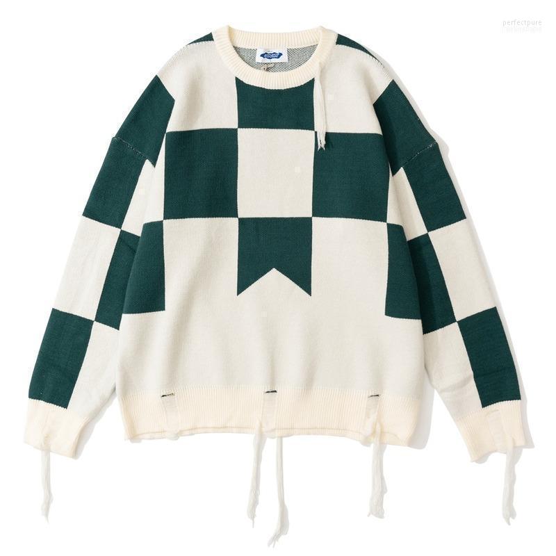 

Men' Sweaters Contrasting Plaid Fringed Sweater Bf Lazy Fashion Brand Loose Round Neck Trend Pullover Long Sleeves Perf22, Green